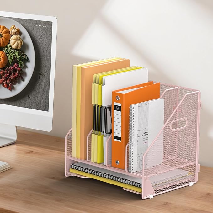 Docnest Mesh Desk File Organizer, 4 Vertical Compartment Box Sorter, Pink | Features 3 removable middle dividers for custom spacing and a bottom letter tray to hold paper, mail, and documents