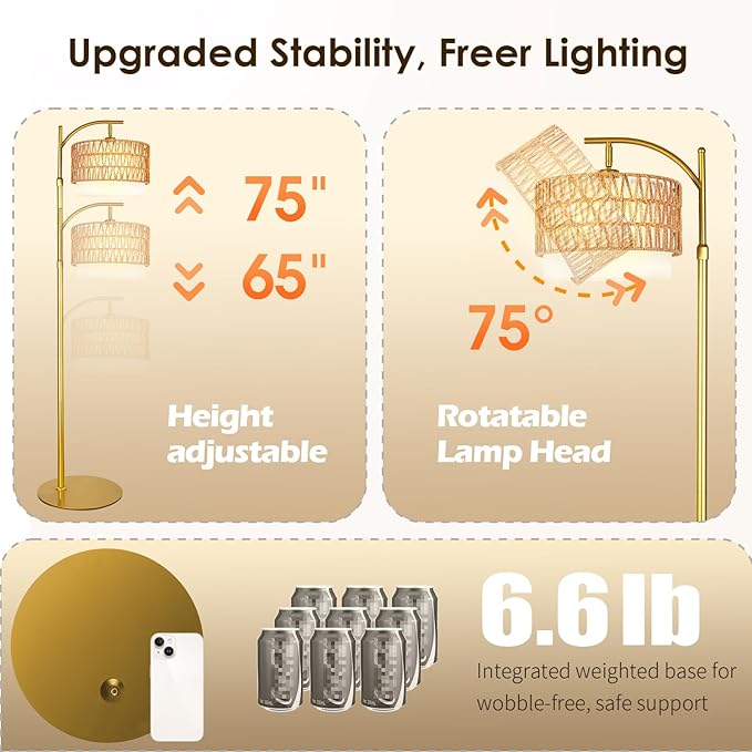 Rustic Woven Rattan Floor Lamp – Golden Finish, Arc Design, 12W LED (1 in use + 1 Spare), Remote & Dimmable 3-Color Temperature, Tall Standing Lamp for Living Room, Bedroom & Reading Corner
