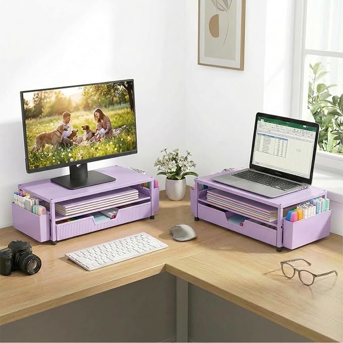 ECOLOVI Desk Organizer and Accessories, 2-Tier Computer Monitor Stand Rise with Storage Drawer & 2 Pen Holders, Laptop & Printer Stand for Desktop, Workspace Organizers for Office Supplies (Purple)