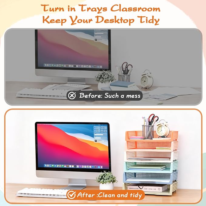 ZZYFGH 6 Pack in Trays for Teachers, Plastic Classroom Paper Organizers, Colorful Storage Baskets for Office, Stackable Office Desktop Document Paper Storage(13.4 * 9.5 * 2.7in)