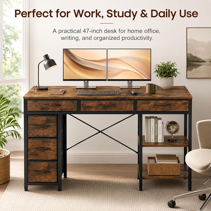 Simple Deluxe Computer Desk with 6 Drawers, 47 Inch Office Workstation with Storage Shelves, Reversible Corner Gaming Table, Home Office Study Desk with Fabric Organizer, Rustic Brown