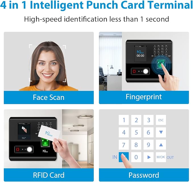 NGTeco APP Time Clock for Small Business, 4-in-1 Mode, No Monthly Fee | Employee Attendance Machine with Face, Fingerprint, RFID & PIN Check-in, 10 RFID Cards, 2.4G WiFi, Flexible Shift Management