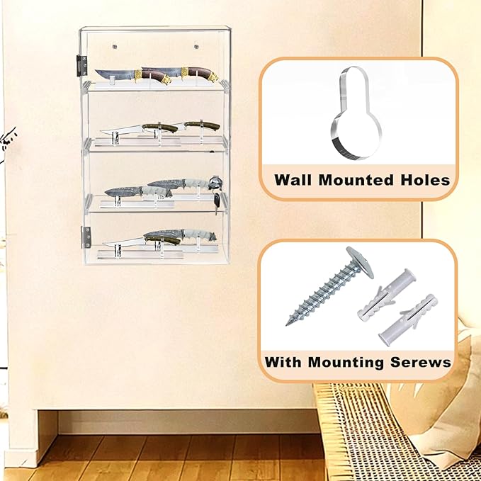 Acrylic Display Case with Lock Key 4 Tier Clear Display Case Locking Cabinet for Collectibles Figure Knife Rock Perfume Countertop Retail Showcase Display Box Wall Mount with Shelves 11.8x5.9x15.7 in