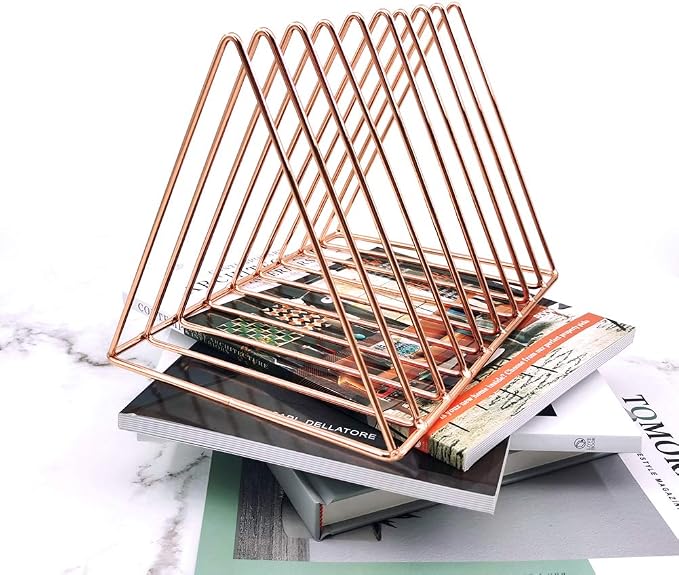9 Slot Magazine Rack Book Record Holder, Desktop Iron Storage Rack Bookshelf Multifunction Triangle File Organizer Sorter for Decor Home Office, Rose Gold Pack of 2