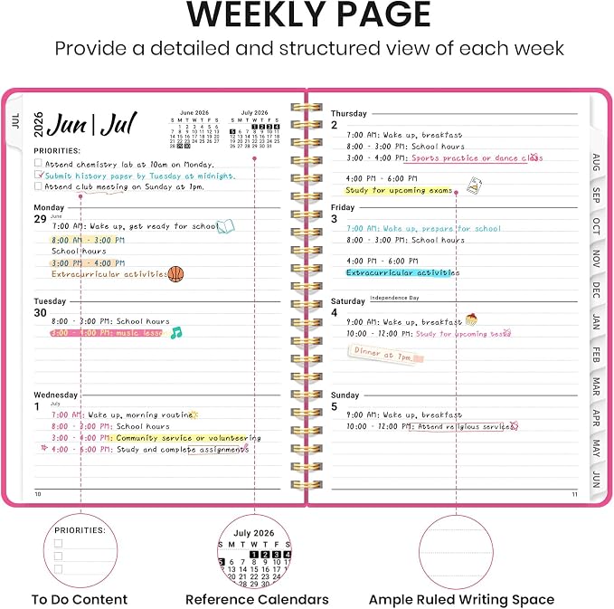Taja Planner 2026-2027, Jul 2026-Jun 2027 Monthly & Weekly Calendar Book | 6.3" x 8.5", Hardcover Academic Calendar with Tabs, Teacher Student Agenda Book for School Office Supplies - Berry Pink