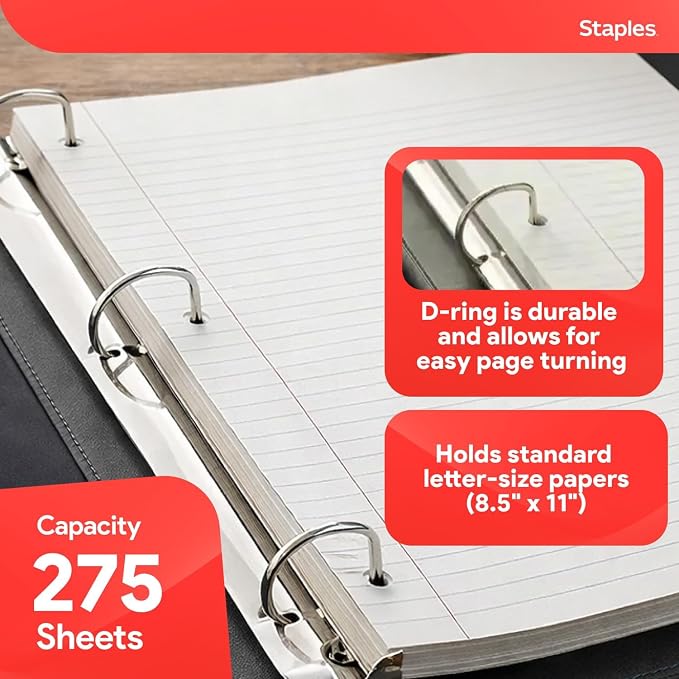 Staples Better 1-Inch D-Ring Binder, Black, Heavy-Duty, 3-Ring | 3-ring binder built for school and office document organization.