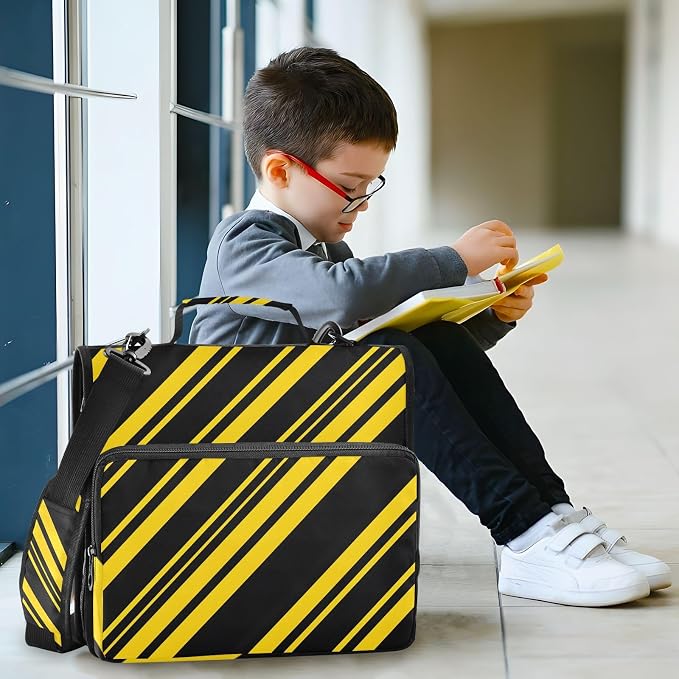 3 D-Ring Zipper Binder Bag, Black Yellow Diagonal Striped Removable Binder with Zipper Case Hold 300+ Sheets& 13 Inch Laptop for School Office Supplies Organizer