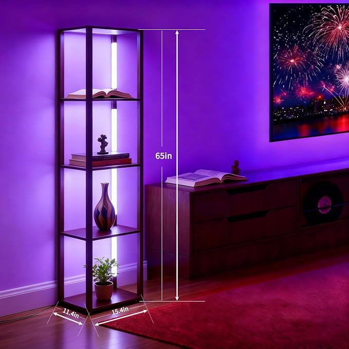 RGBCW Floor Lamp with Shelves, LED Smart Modern Floor Lamp with Music Sync, Color Changing Corner Display Shelf Lamp, Standing Lamp with Shelves for Living Room and Bedroom, Office, Brown