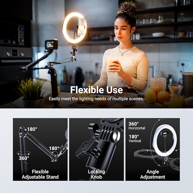 NEEWER Entry Level Version 10.5" 10W Ring Light with 46"-63" Stand, Overhead Phone Holder Mount Compatible with iPhone, Bi Color LED Selfie Lighting CRI85+ for TikTok Video Recording Streaming, N44