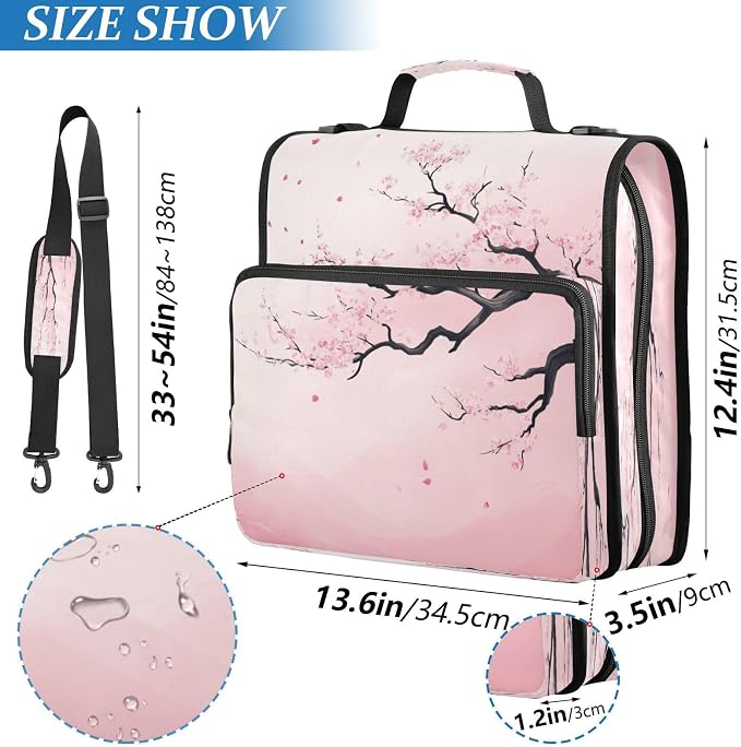 Pink Cherry Blossom 3 D Ring 2 inch Zipper Binder Bag with Strap | Multi-Pocket Portfolio Organizer Case for 13 Inch Laptop Middle School