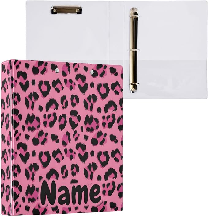 Custom 3 Ring Binder Hot Pink Black Leopard Print 1.5" Round Ring Binders Personalized Name View Binder with 200 Sheet for Kids School Supplies Women Men Office, 1 Pack