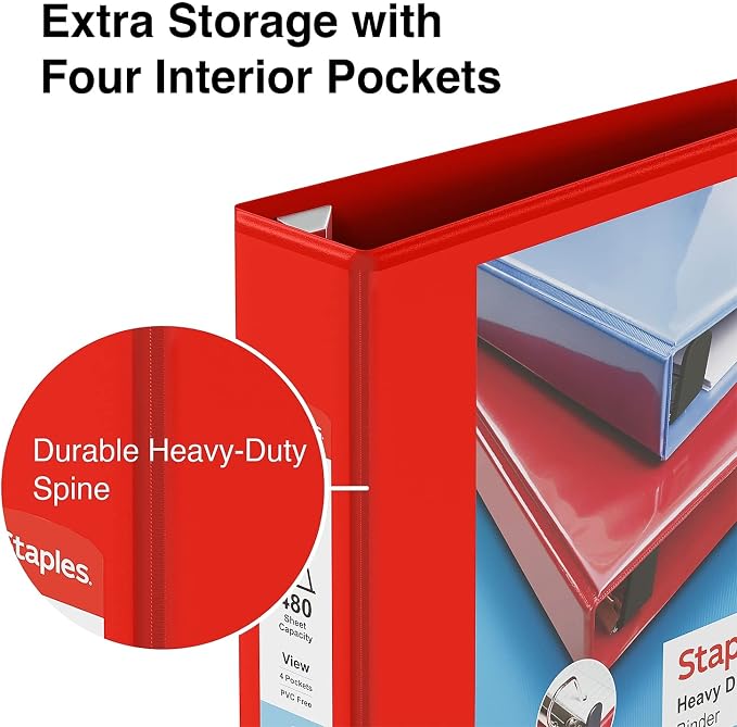 Staples Heavy-Duty 2-Inch D-Ring View Binder, Reinforced Spine, Holds Up to 450 Sheets, Red, for Office & School