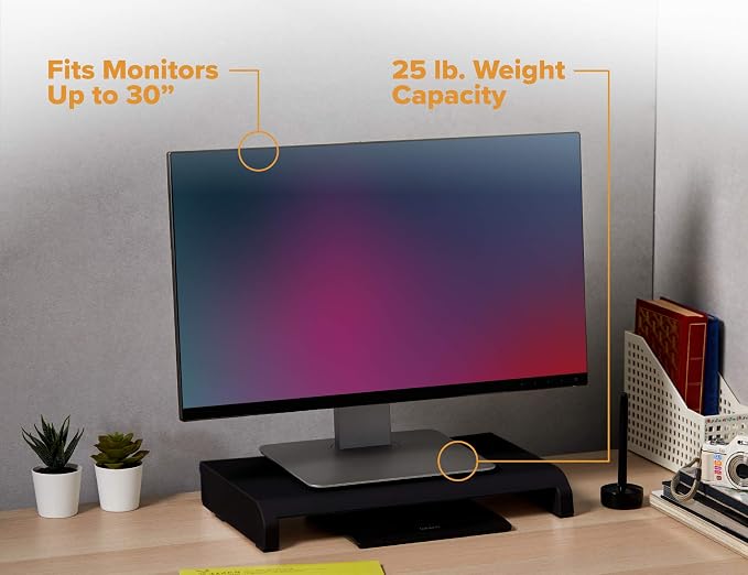 Bostitch Office Konnect Adjustable Monitor Stand Riser, 4 Height Adjustments, Built-In Cable Management, Rubber Feet - Black