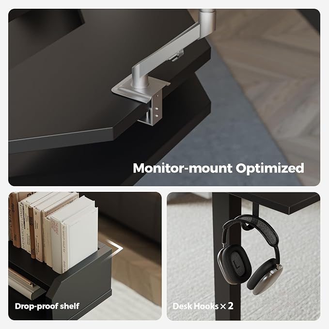 Agilestic 63 Inch L Shaped Electric Standing Desk with Shelf, Black | Dual Monitor Setup, Corner Desk, Ample Workspace, Memory Presets, Hooks, Stable Steel Frame,264 lbs Capacity, Splice Board
