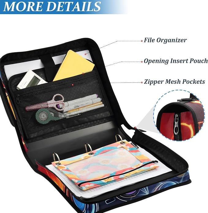 Game Controller Fire Electric Spark Zipper Binder Bag 3 Ring Binder with Shoulder Strap Zip Up 500 Sheets Capacity Multi Pockets for School Office Supplies