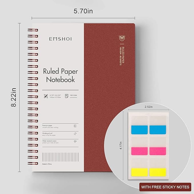 EMSHOI Lined Journal Spiral Notebook 5.7" x 8.22" - 4 Pack 640 Pages 100gsm Thick Paper, A5 Small Notebooks College Ruled, Plastic Hardcover Journals for Writing Women Men Work School Supplies