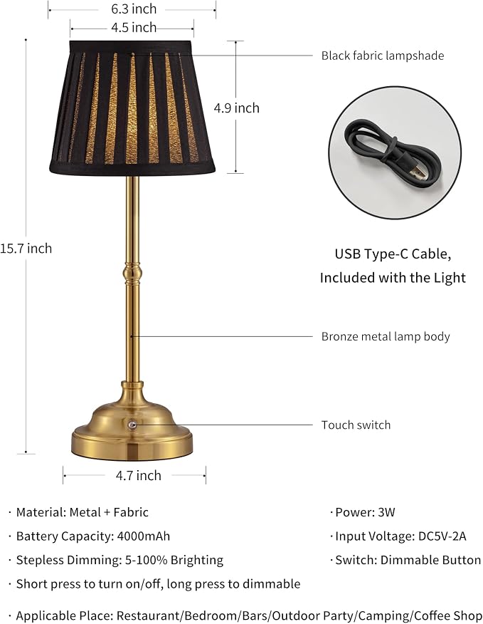 KDG Gold Cordless LED Table Lamps Set of 2, Black Fabric Shade Desk Lamps | Portable 4000mAh Rechargeable Battery Powered, Dimmable Lighting for Dining Room, Bedroom, Bedside, Night Light, Balcony