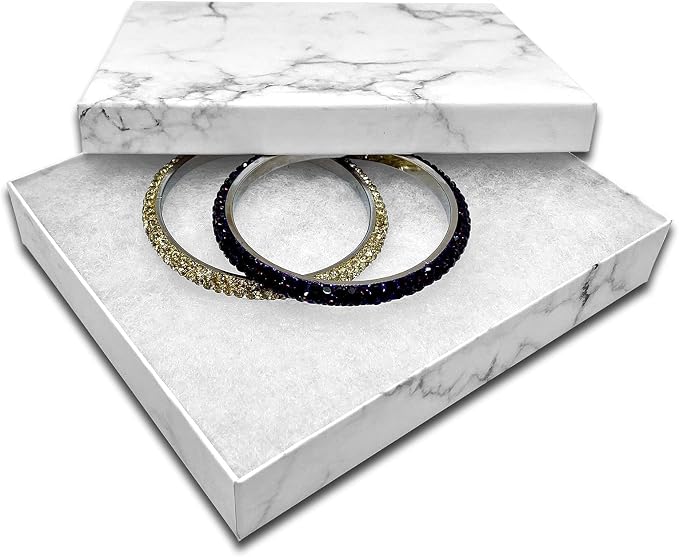 TheDisplayGuys 100 Cardboard Jewelry Gift Boxes with Inserts - Marble White | Size #65 - 6.2" x 5.2" x 1.1", Lids, Cotton Filled Padding, Kraft Paper, Bulk Pack Case, for Shipping, Organizers, Storage