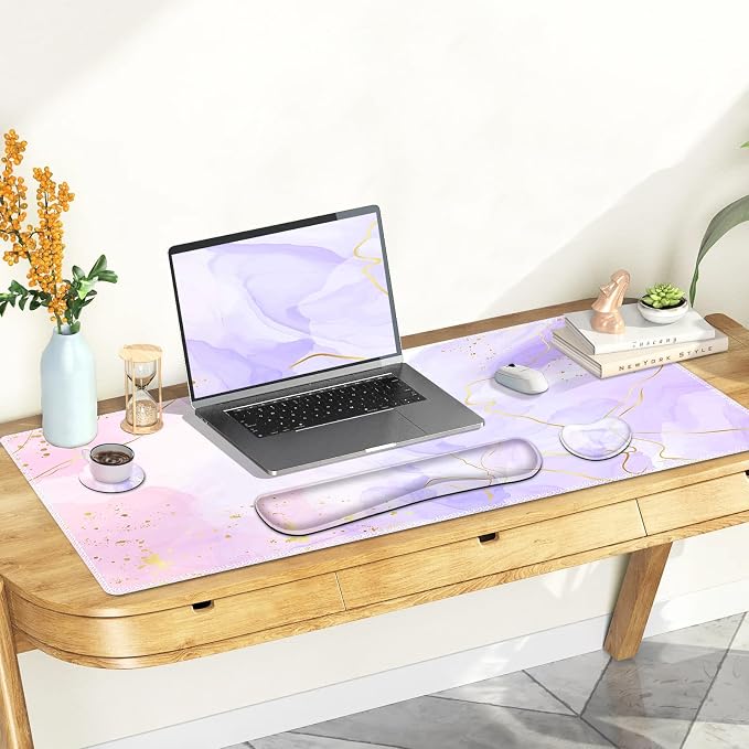 Large Gaming Mouse Pad Set, 4 in 1 Extended Keyboard Desk Mat with Wrist Rest, PC Computer Game Mousepad Set, Non-Slip Desk Pad Easy Typing Pain Relief for Home Office I Pink Purple Marble
