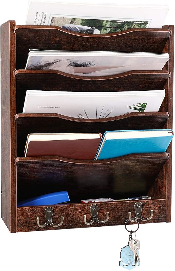 5-Tier Wall File Holder Hanging Mail Organizer Wood Magazine Literature Rack with 6 Hooks, Brown