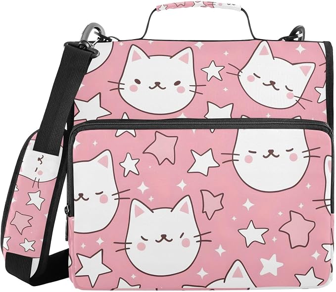 3 Ring Zipper Binder with Shoulder Strap Cat Star Pink 2 Inch Zippered Binder Bag 500 Sheet Capacity Multi Pockets for School Supplies