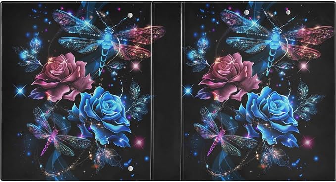 3 Ring Binder, Colorful Dragonflies Red Roses File Folder Holds 200 Sheets File Storage for Women Men School Office Supplie