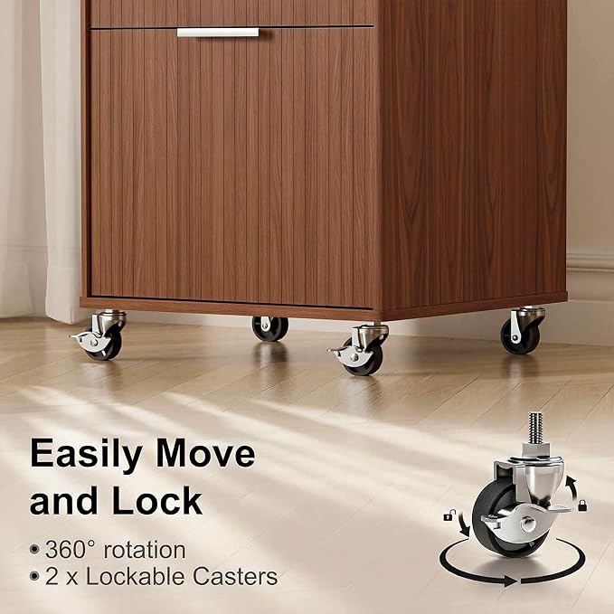 3 Drawers Fluted Mobile File Cabinet with Lock, Rolling File Cabinet Printer Stand Table, Under Desk Wooden Filing Cabinets for Home Office Essentials Storage Organization Furniture Letters/A4(Walnut)