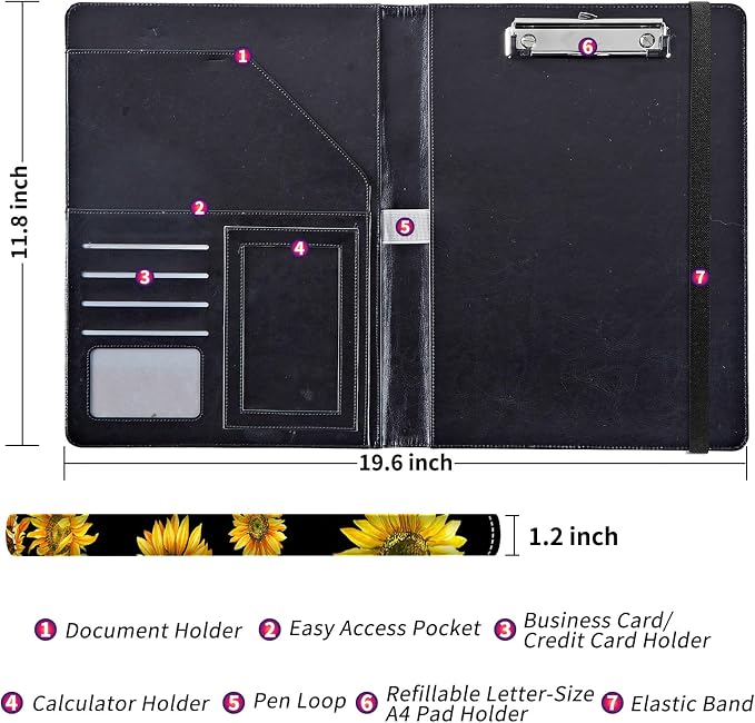 Padfolio/Portfolio Folder Clipboard,Padfolio Clipboard,Writing Portfolio Leather with Cover for Card Holder Slot Letter Size A4 for Office Conference Notepad Clip Boards,Sunflower Matthew 19:26