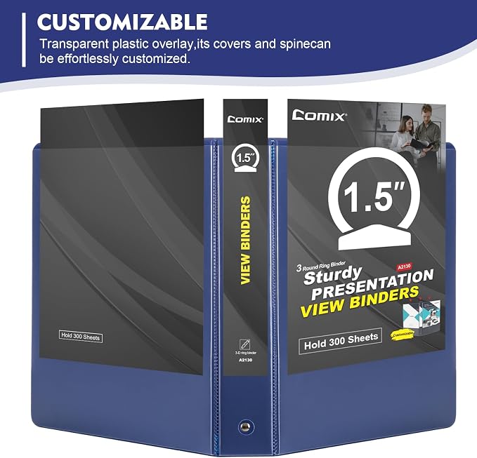 COMIX Sturdy 1.5 Inch 3 Ring Binder with Clear View Cover | 1.5"Heavy Duty Round Ring,PVC-Free Board,Holds 300 Letter Sheets,Wholesale for Offices & Classrooms,6 Pack (Dark Blue)
