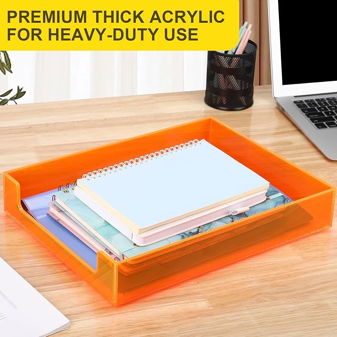 Paper Tray Acrylic File Organizer for Desk Letter Tray Desk Organizer Document Holder Sorter Storage for A4 Office Supplies Magazines, 13.8x10.6x2.4 Inches, Neon Orange