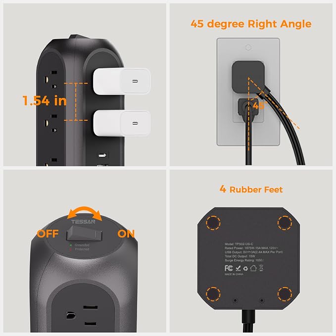 TESSAN Tower Power Strip Flat Plug with 1050J Protection, 10 Ft, Black | 11 Outlets 3 USB (1 USB C), Surge Protector Power Tower, Extension Cord with Multiple Outlets, Dorm, Office Desk Supplies