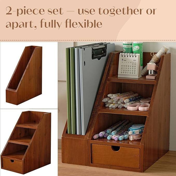 Vintage Wooden Desk Organizer Set of 2 - Wood Desktop File Holder & Shelf with Drawer - Rustic Office Storage for Books, Folders, Mail & Supplies - Matching Organizer for Home Office Desk