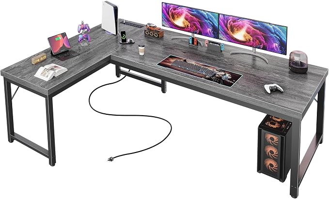 Huuger 63 Inch L Shaped Desk with Power Outlets & 0.95 Inch Thicker Desktop | Reversible Computer Desk, Larger Office Corner Gaming Desk, Metal Frame, for Home Office, Study, Grey