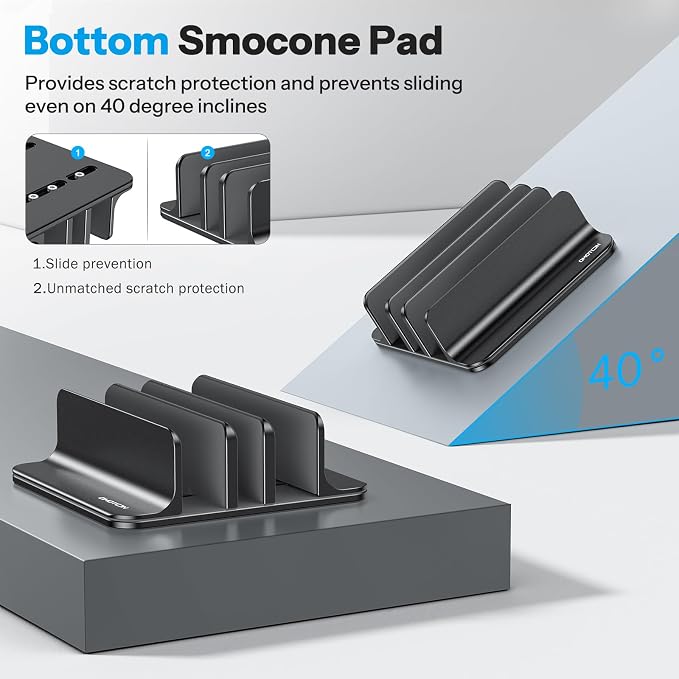OMOTON 3-Slot Multiple Vertical Laptop Stand, Fits All MacBook, Black | Adjustable Width 0-1.38", Aluminum Office Space-Saving for Desk, Fits MacBook/Book/iPad Up to 17.3in