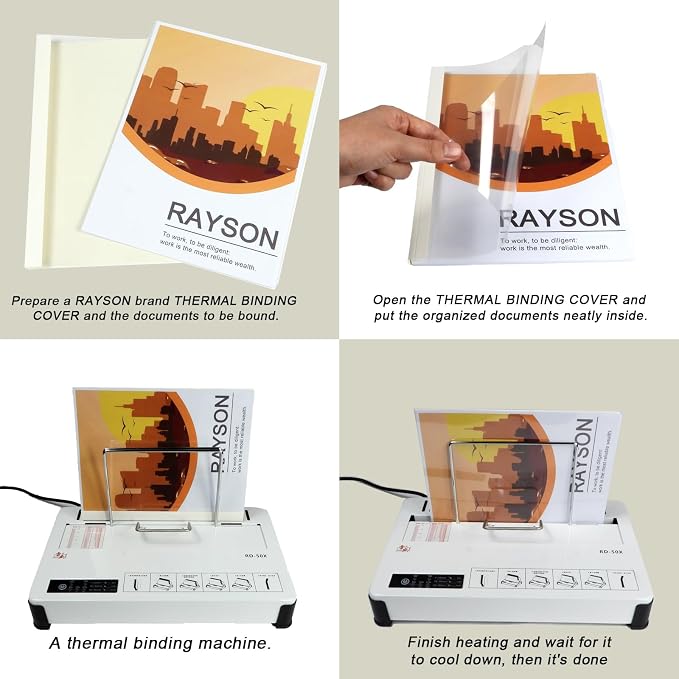 RAYSON TBC6-25-W Thermal Binding Covers, 1/4", PVC Transparent Front Cover and Glossy White Back Cover, Holds 55 Sheets, 25 Pack