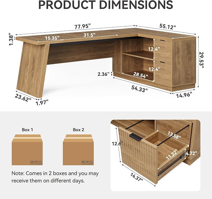 LITTLE TREE 78-Inch L-Shaped Executive Desk, Modern Desk with Drawers & File Cabinet, Large Walnut Office Workstation with Storage Shelves for Home Office