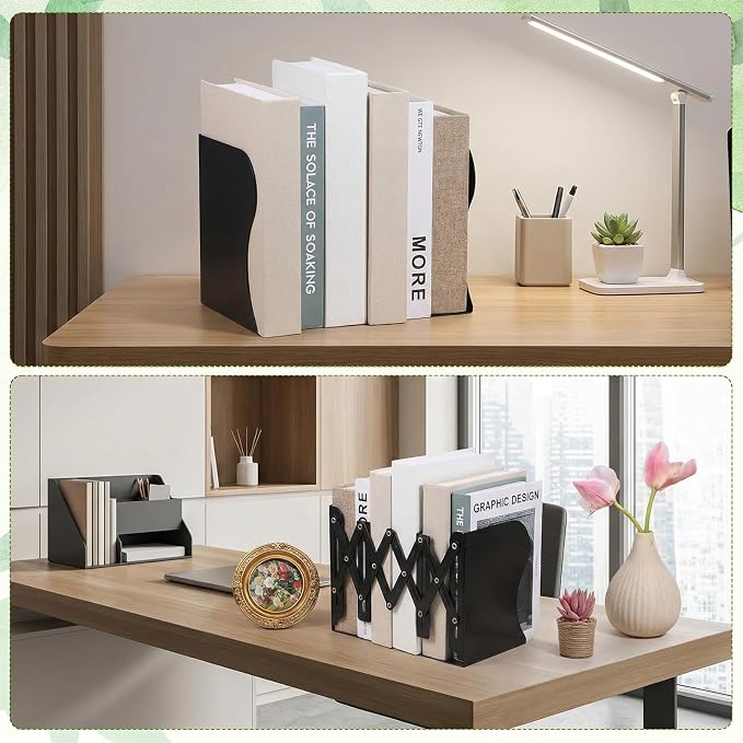 2 Pcs Adjustable Bookends, 2 Dividers, Metal Book Ends | for Heavy Books Anti-Slip Book Organizer for Desk Shelves Office, Extends up to 19 inch (Black)