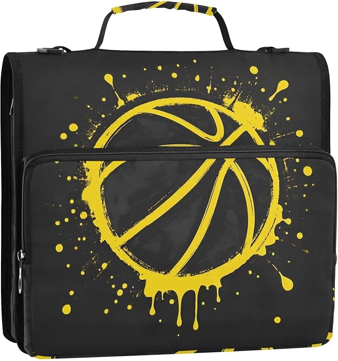 3 Ring Zipper Binder with Shoulder Strap Yellow Basketball Splash Black 1.5 inch Binders Keeper Large Capacity Multi Pockets for School Office Supplies