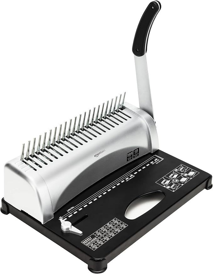 Amazon Basics Comb Binding Machine, 350 Sheets Capacity, Punches 12 Sheets, for Paper Sizes A5(15 holes)/Letter(19 holes)/A4(21 holes) with Adjustable Margin, Grey