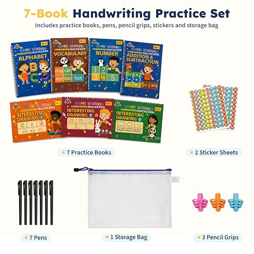 Magic Grooved Handwriting Workbook for Kids 3-8, Reusable with Auto-Disappearing Ink | Preschool Writing Learning Toy, Educational Gift for Toddlers