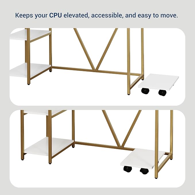 Techni Mobili 47" Computer Desk w/Shelves, Monitor Stand & CPU Caddy, Gold | 47" industrial computer desk with shelves, monitor stand, accessory holder, mobile CPU caddy, 2‑tier shelf for home office