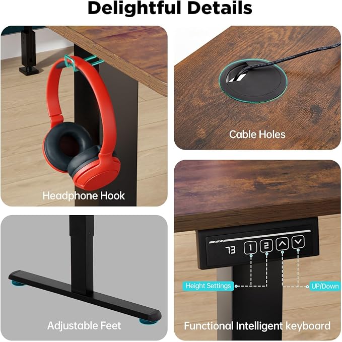 PayLessHere 55 Inch Electric Standing Desk Sit Stand up Desk Home Office Desk with Large Space Headphone Holder 2 Memory Function for Home,Office,Meeting Room (Brown)