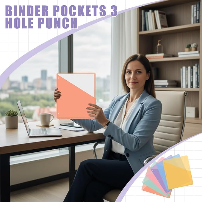 Maitys 30 Pack Binder Pockets 3 Ring, Letter Size 8.5x11,Light Color | Clear Plastic Document Sleeves, Sheet Protectors with Slash Jacket, Fits Standard 3 Hole Binders, Organize Office Papers