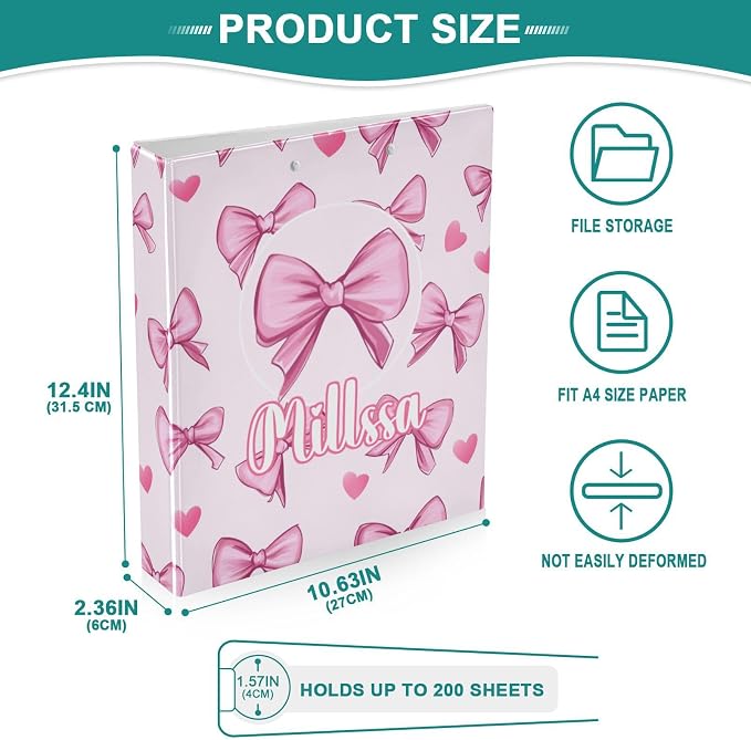 Pink Bows 3 Ring Binder with Clipboard Round Ring Binders Hearts Name Custom Binder 3 Interior Clear Pockets for Office Supplies 1 Pack