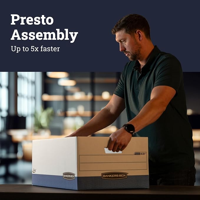 Bankers Box 12 Pack Presto Heavy-Duty File Storage Boxes, Instant Assembly, Lift-Off Lid, Letter, White/Black