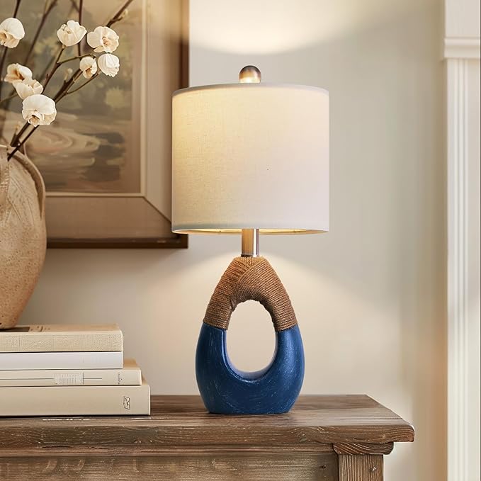 19" Table Lamp for Living Room,Boho Lamp for Bedroom, Bedside for Nightstands, Suitable for Small Space,Coastal Farmhouse, End Table, Rattan Nautical Beach Style, Blue,1 Pack