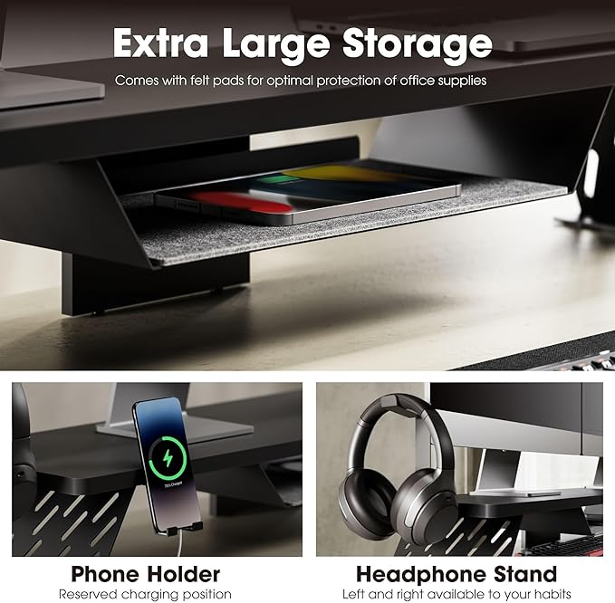 Fenge Dual Monitor Stand, Wooden Desk Shelf with Headphone & Phone Holder | 42.5" Monitor Riser with Storage Shelf, 2-Tier Monitor Shelf with Metal Leg for Home Office Organizer, Black