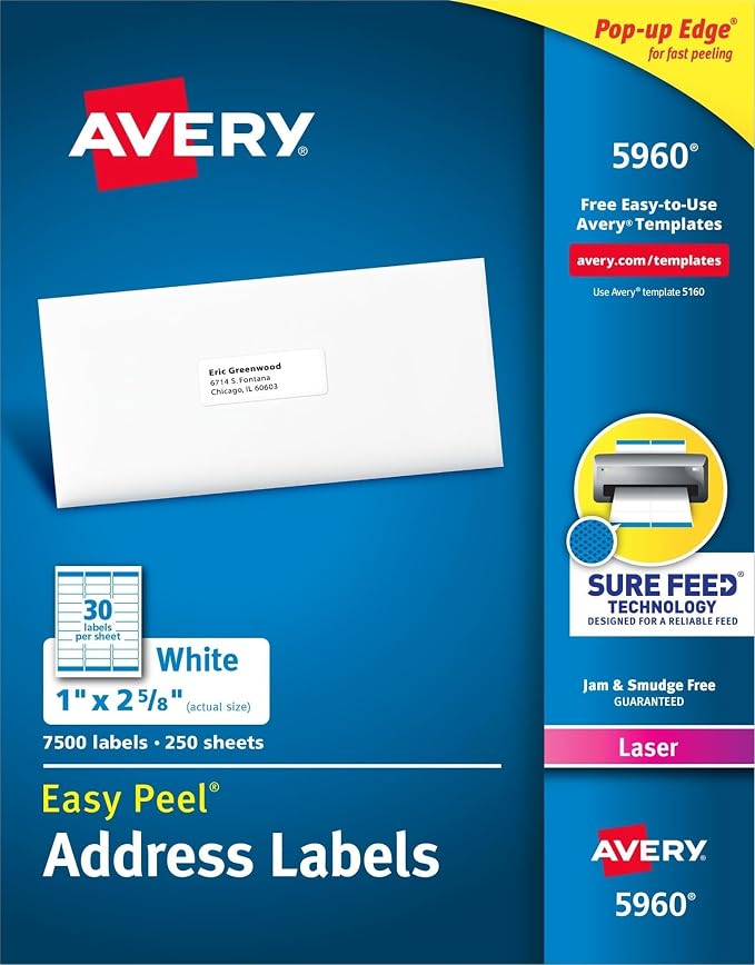 Avery Easy Peel Printable Address Labels with Sure Feed, 1" x 2-5/8" Customizable Stickers, White, 7,500 Blank Mailing Labels, Great for Mailing, Shipping, and More (5960)
