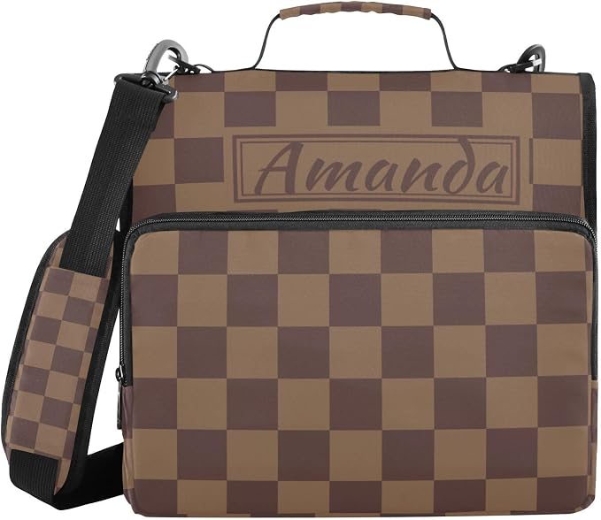 Custom 3 Ring Zipper Binder Brown Checkerboard B Personalized Name 1.5 inch Binders Large Capacity Multi Pockets for School Office Supplies
