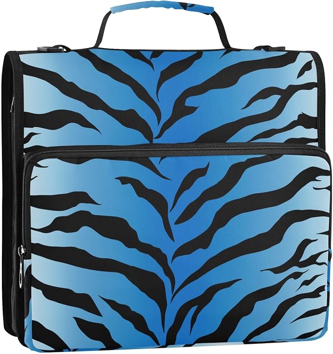 Tiger Zebra Print Blue Black 3 Ring Binder Bag 1.5 inch Binder Organizer with Zipper Shoulder Strap 500 Sheet Documents Storage for School Office